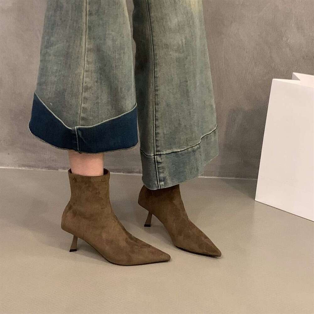 High Heel Free shipping Pointed Toe Brown Suede Slim Short Women's Shoes 2025 New Autumn Winter Fleece-Lined French Style Ankle Boots