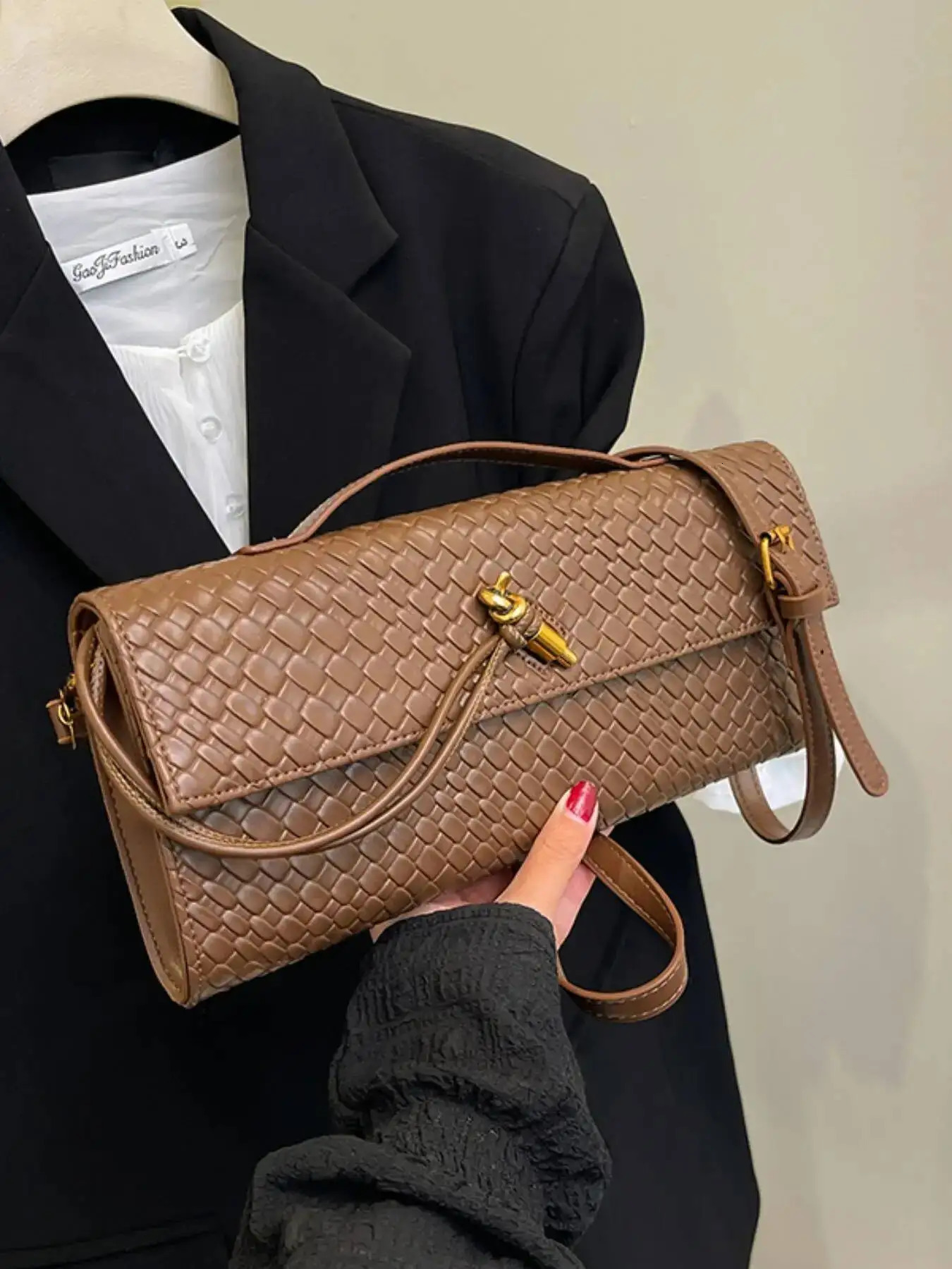 Womens Intage Minimalist Fauxwoven Felt Flap Lock Long Handbagtote Bag Large Capacity Clutch Suitable For R251107