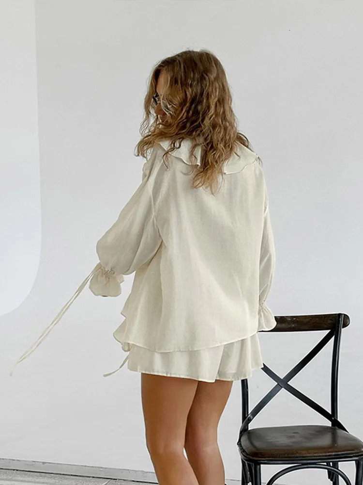 Casual Ruffles Shorts Suits Women Loose See Through V Neck Hollow Out Sets Female 2025 Spring Fashion Lace Up Sets Lady 250407