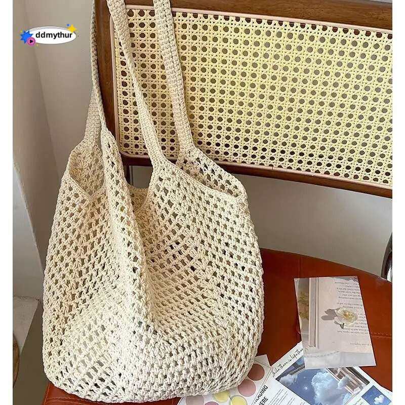 Leisure large capacity cotton woven hollow straw shoulder holiday beach bag ddmythur