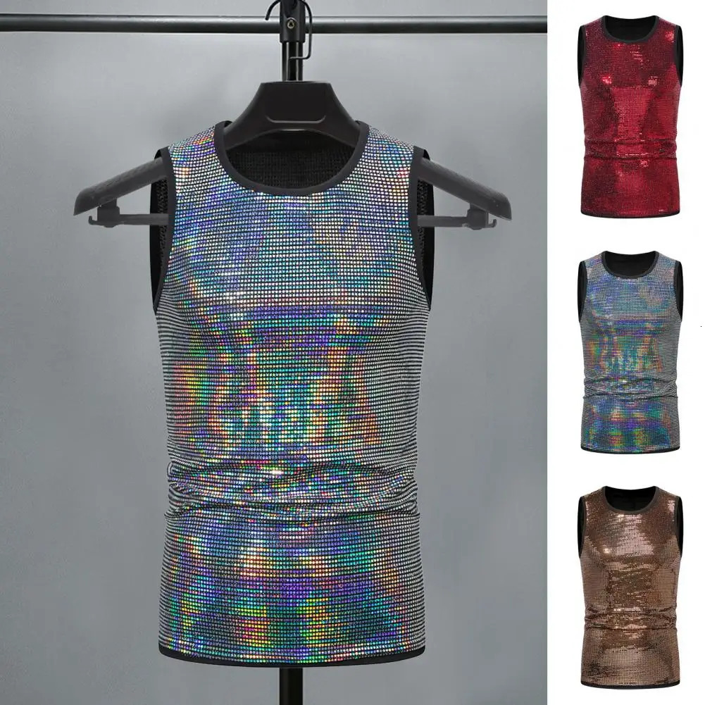 Men Casual Vest Mens Shiny Metallic Sleeveless Vest for Club Performance Stage Show Slim Fit Stretchy Tank Top with Round Neck 250407