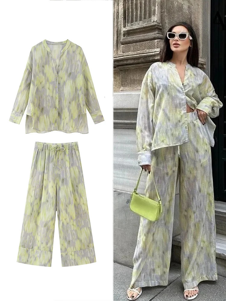 Trafza Womens Fashion Retro Printed Two Piece Tie up Dye Single Button Shirt High Waist Wide Leg Pants Trouser Set 250407