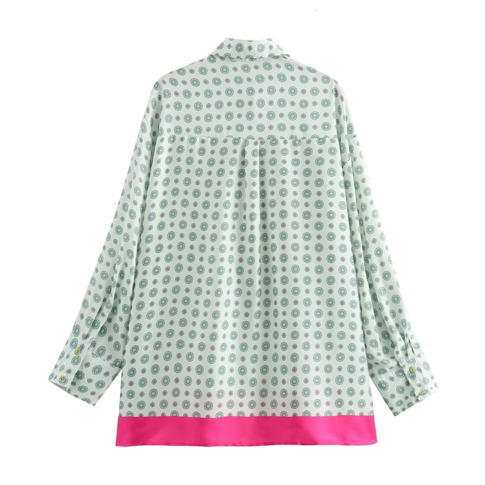 Zach Ailsa Autumn Product Womens Collar Long Sleeve Silk Texture Spliced Printed Shirt Straight Pants Casual Set 250407