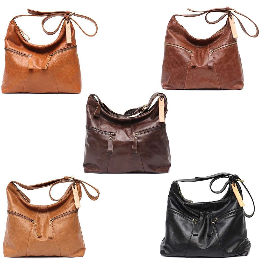 SC Vintage Large Casual Women Shoulder Bag Oil Wax Genuine Leather Multi Pockets Hobo Handbag Retro Daily Crossbody Purse