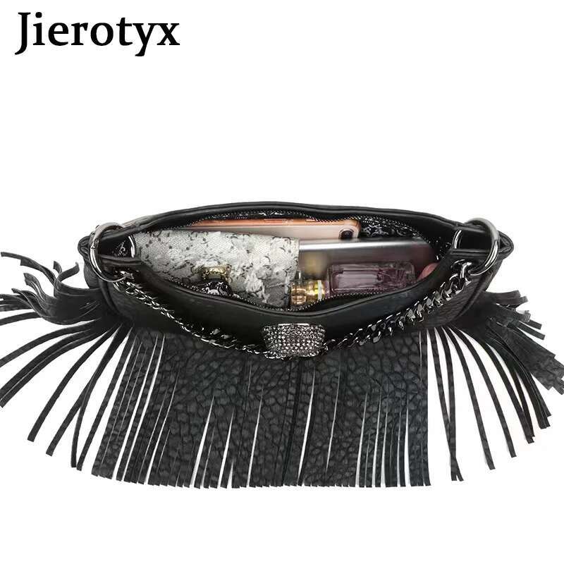 JIEROTYX Skull Face Fringed Hobo Shoulder Bag For Women Gothic Black Leather Crossbody Handbag Purse Chain Decor