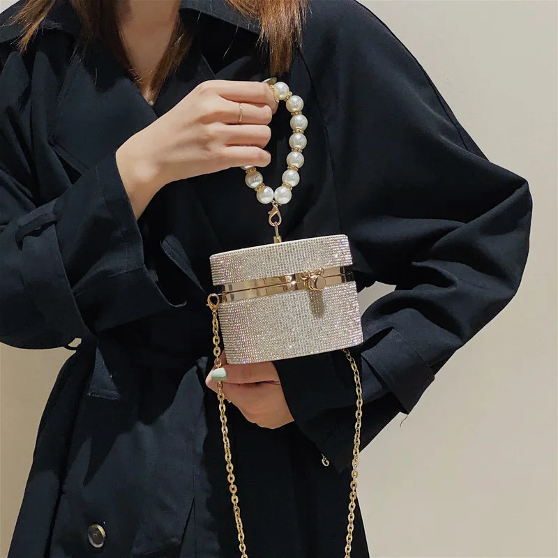 Round plastic box party clutch bag womens wallet and handbag wedding evening bag chain shoulder bag bead wristband 250402