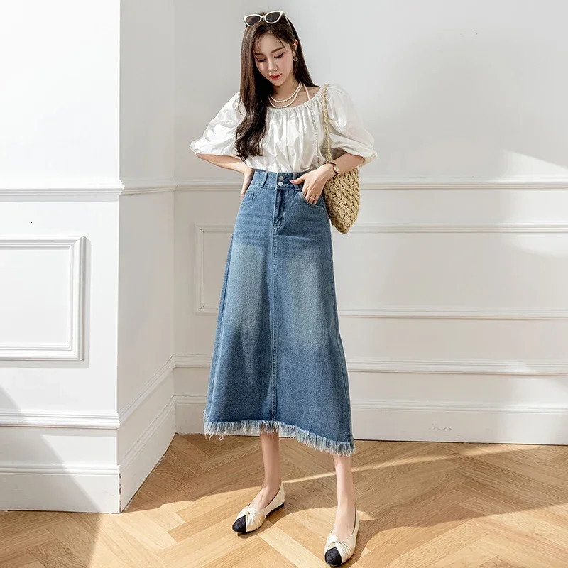 Seoulish Retro Blue Denim Skirts for Women 2025 Spring Summer Elegant High Waist Tassel Pockets Medium Length A-line Skirt 250407
