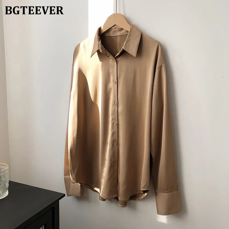 BBTEEVER Fashion Womens Satin Shirt Long Sleeve Solid Collar Elegant Office Womens Work Clothes Womens Clothing 250402