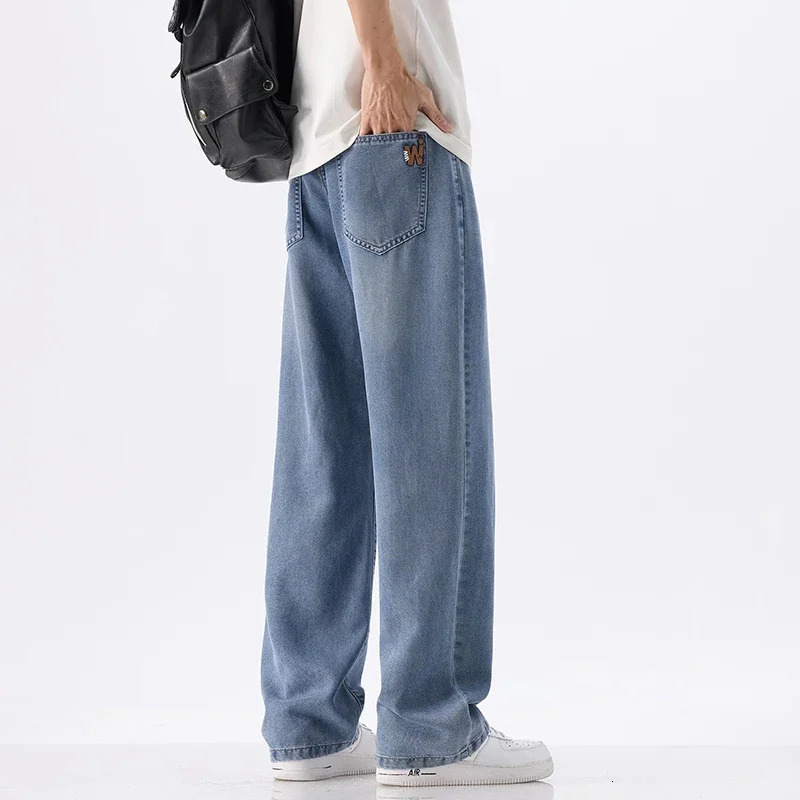 wrinkle resistant soft Lecalle mens jeans thin loose straight fashionable Korean comfortable loose and loose mens jeans 250403