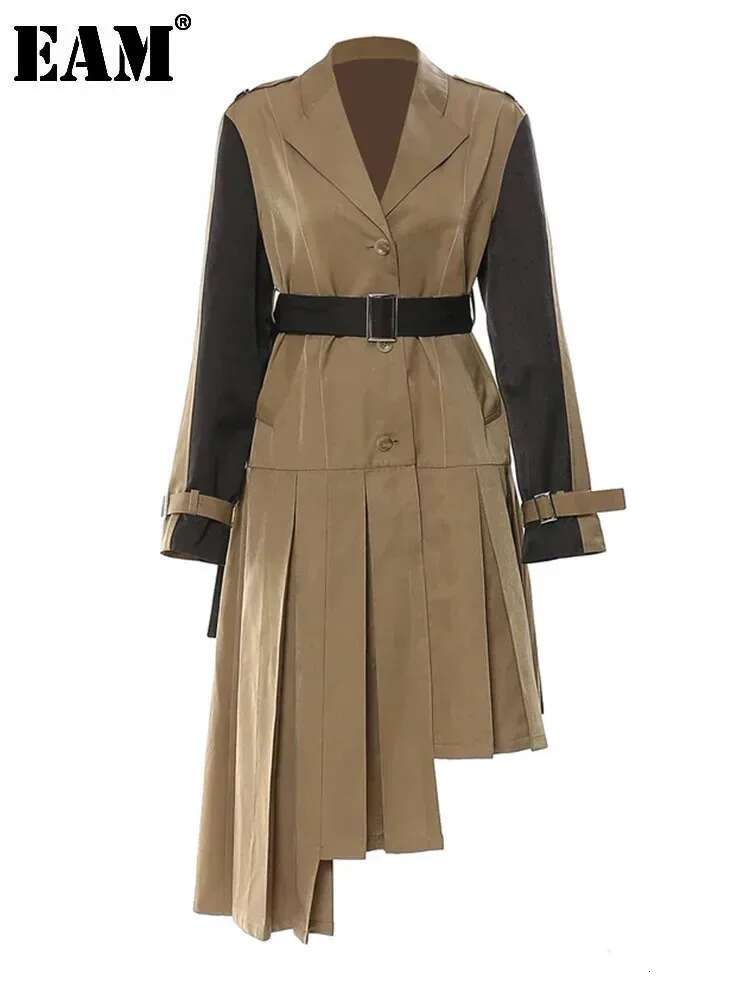EAM Women Khaki Pleated Big Size Trench New Lapel Long Sleeve Loose Fit Windbreaker Fashion Spring Autumn 2025 1Df2737