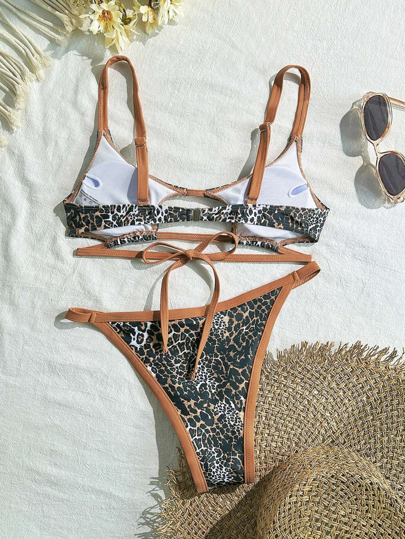 Dongdumaoyi Sexy Coffee Leopard Print Bikinis Sets Women Hollow Out Push Up Thong Swimsuit Brazilian Beach Bathing Suit Micro Swimwear