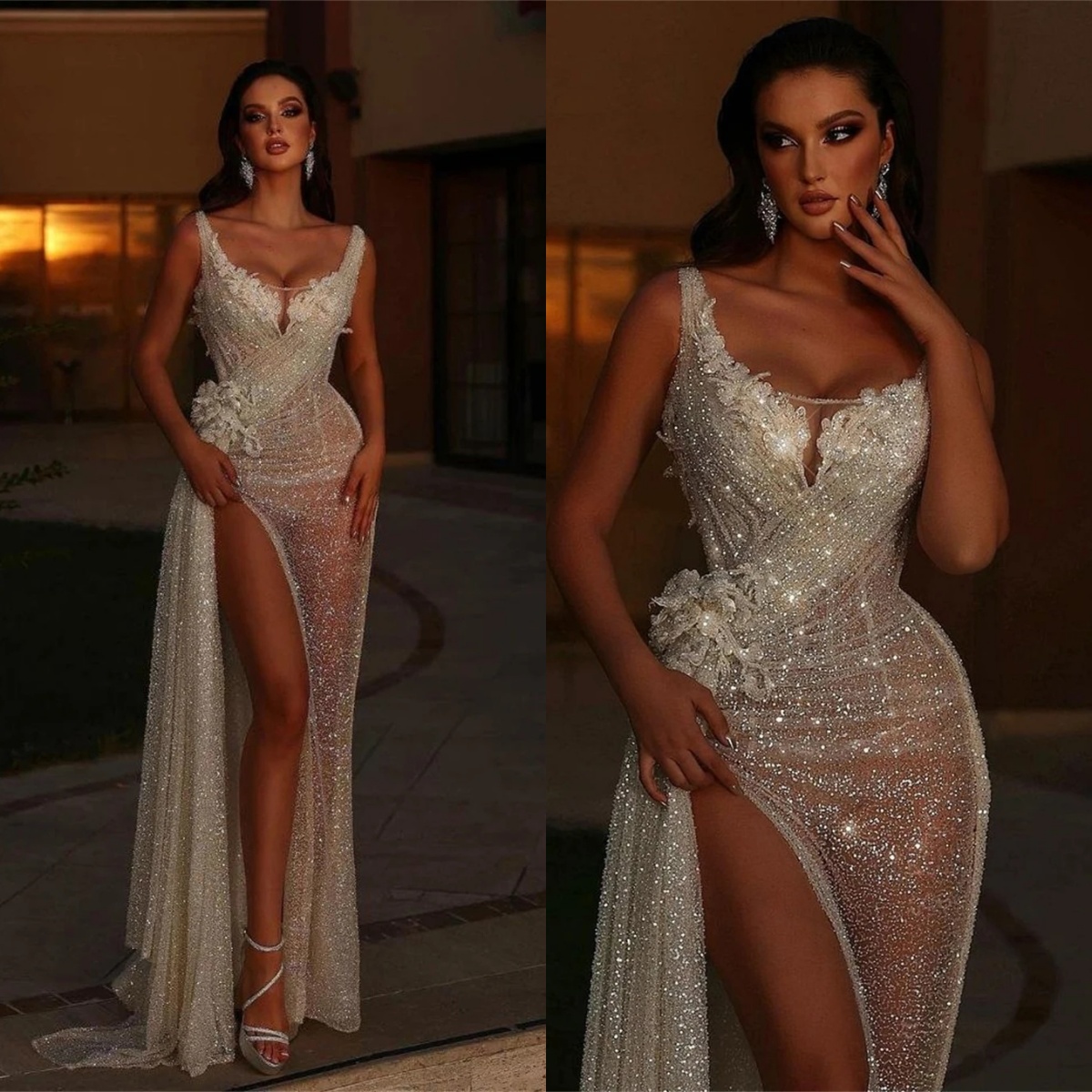 Fashion Evening Dresses Scoop Neck Sleeveless Gown Appliques Sequins Split Side Sweep Train Dress Party Customized Dress