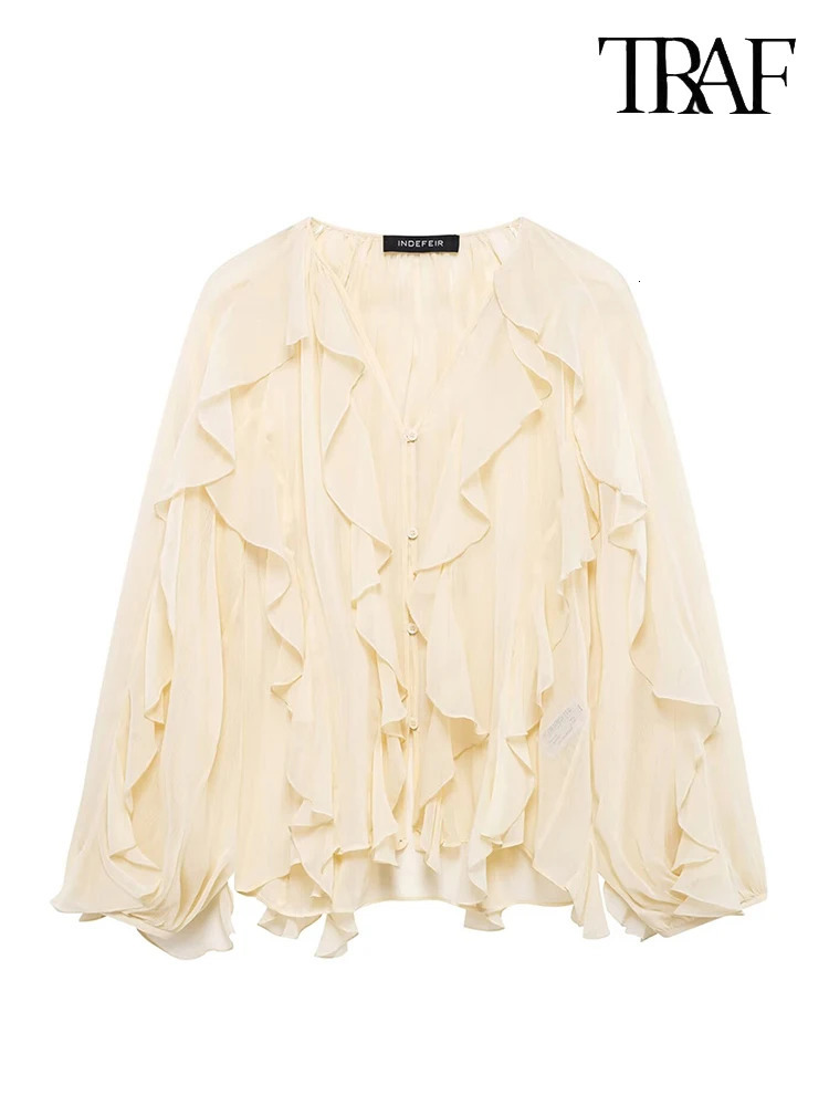 TRAF Womens Fashion Solid Color Multi Layer Ruffle Shirt Unique Perspective Vneck Single Chest Long Sleeve High Neck Top 250407