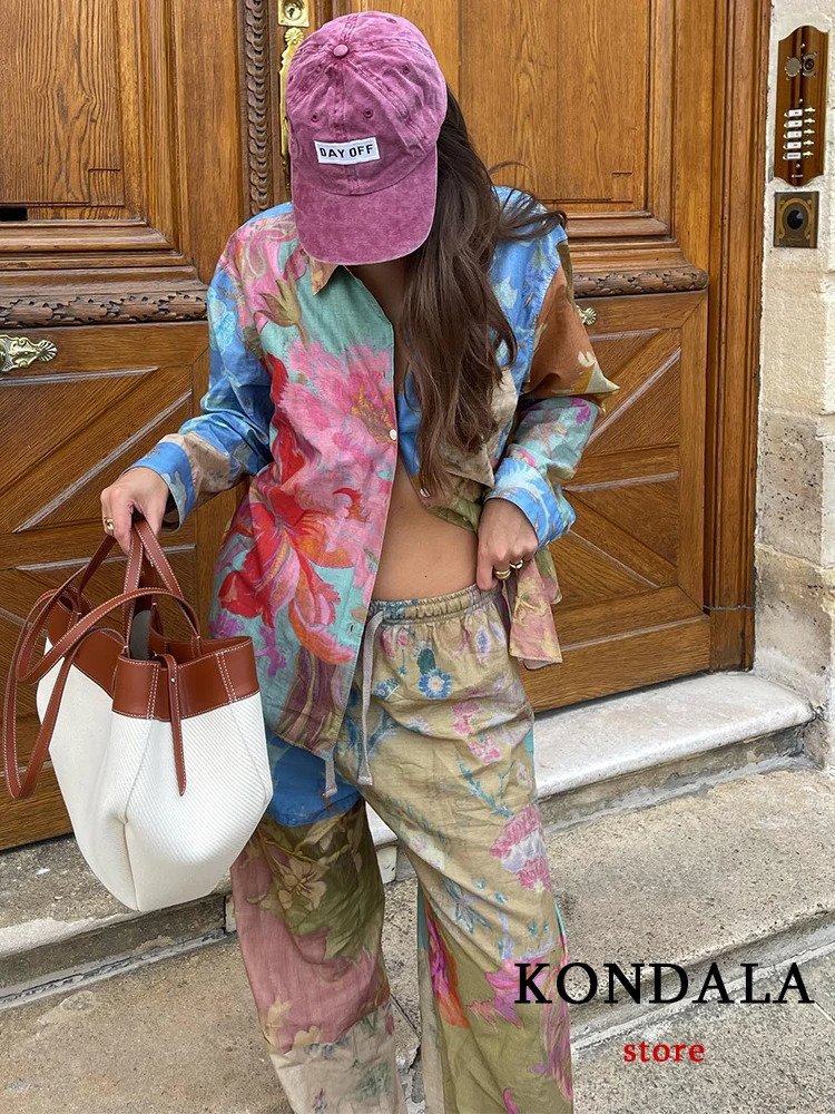 TRAFZA Vintage Tie Dye Print Women Suit Single Breasted Blouse Straight Long Loose Pants Fashion Summer Boho Sets 250313