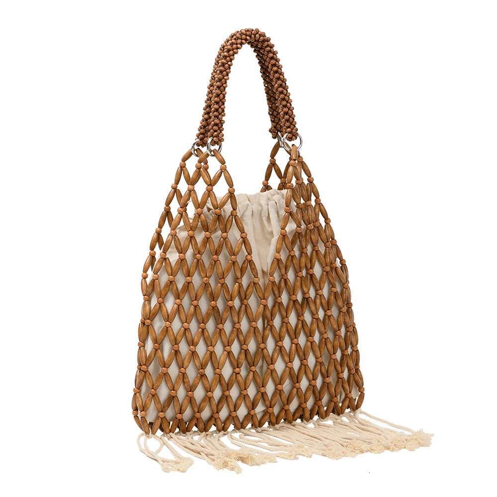 NEW Women Woven Tassels Design Hollow-Out Wooden Bead Tote Bucket Shoulder Bag Female Reticulate Netted Canvas Beach Handbag