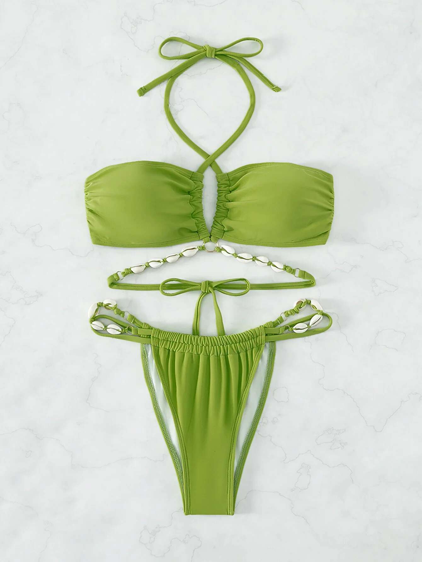 Dongdumaoyi Luxury Shell Design Bikini Set Women Solid Green Halter Bandage Cross Push Up Triangle Swimsuit Bathing Suit Micro Swimwear