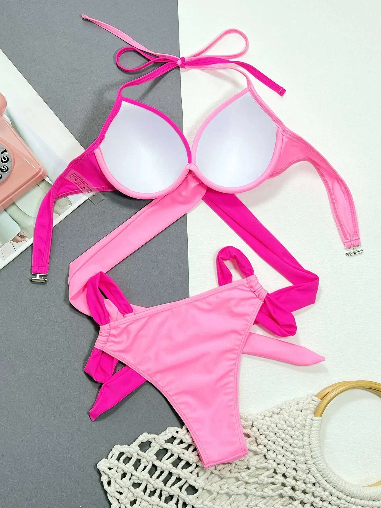 Dongdumaoyi Women S Pink Patchwork Piece Swimsuit Sexy Underwire V Neck Hard Cup Push Up Bikini Set Beach Suspender Backless Swimwear