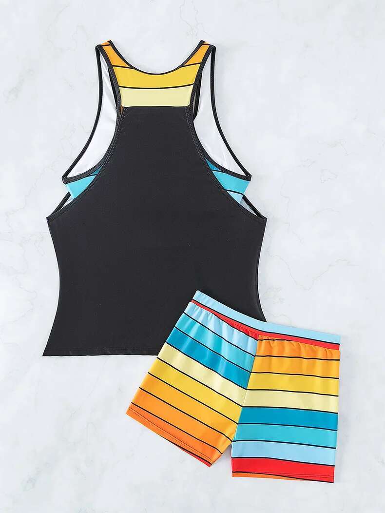 Dongdumaoyi Women S Swimsuit Black Maple Leaf Print Rainbow Contrast Two Piece Bikini Set Holiday Bathing Suit High Waist Panties Swimwear