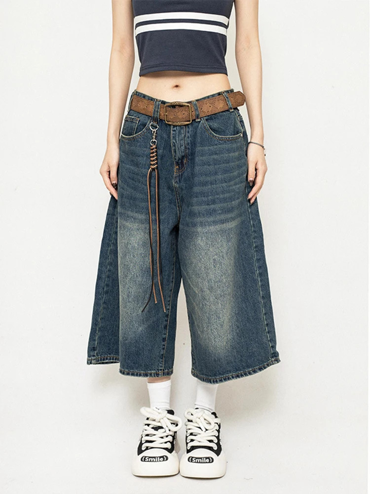 High waisted black retro washed denim shorts for womens Harajuku retro fashion casual loose Y2K streetwear mid long legs wide pants 250402