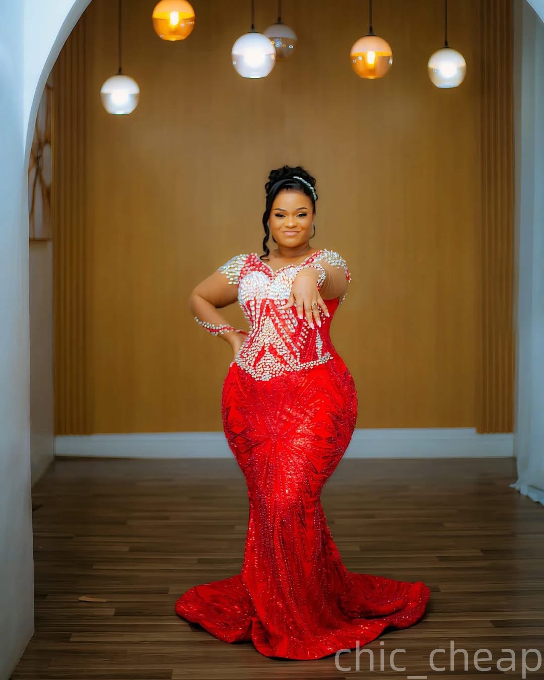 Aso Ebi Red Mermaid Prom Dresses 2026 Crystals Full Sleeves Sequined Evening Formal Party Second Birthday Engagement Gowns Plus Size Dress For Special