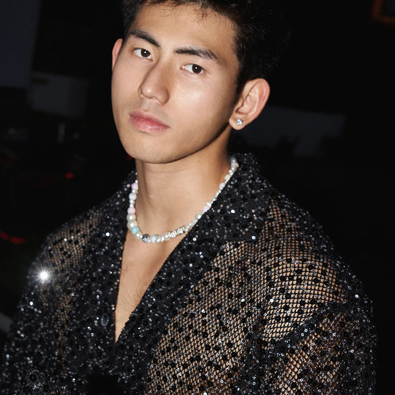 FEWQ American Niche Shiny Silver Sequins Hollowed Out Long Sleeved Shirt Solid Color Male Tops Fashion 24E1715 250407