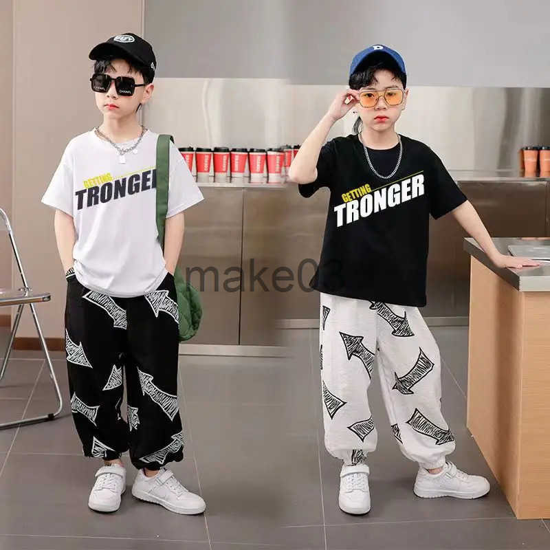 Boys set summer short sleeved T-shirt+loose pants 2PCS hip-hop childrens clothing for teenagers 8 10 12 14 years old J250403GR0X