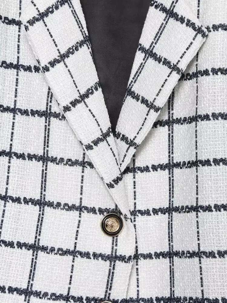 Women Black Plaid Texture Knitted Short Blazer Autumn Winter White Coat