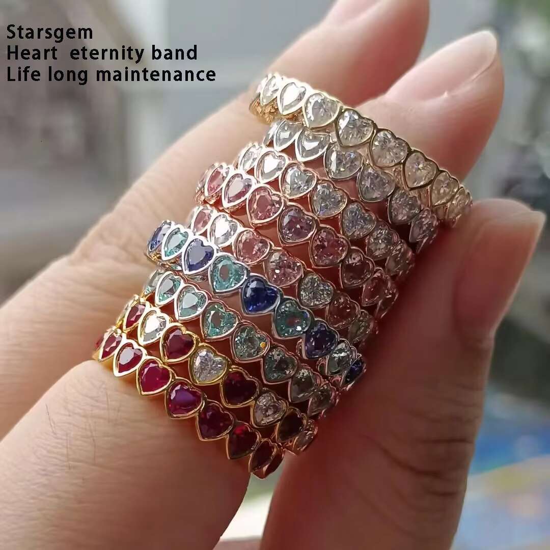 Starsgem Silver Plated Gold Heart Shape Eternity 3*3MM Moissanite Sapphire Eternity Band
