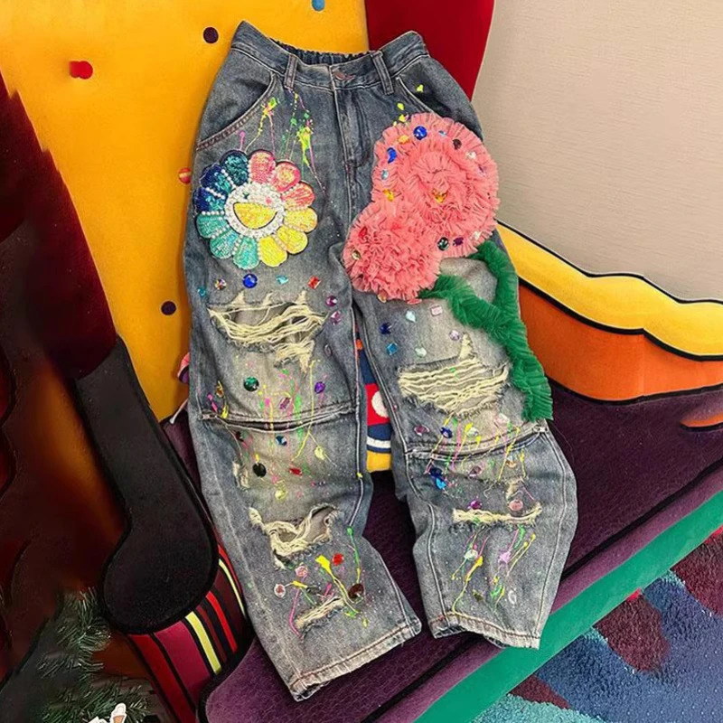 Chic Women Spring Floral Embroidery Diamonds Beaded Holes Denim Pants High Waist Loose Rhinestones Jeans Cowboy Broken Trousers 250403