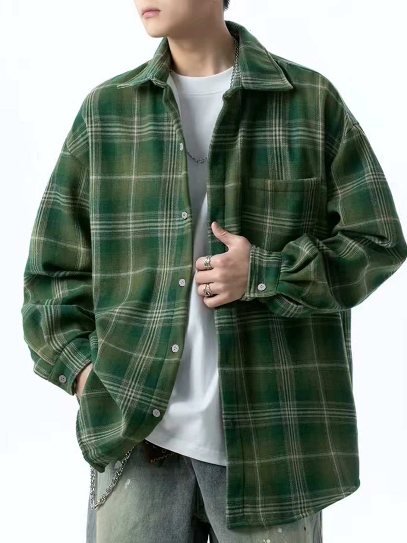 Retro green plaid shirt mens long sleeve spring and autumn loose casual coat 250226
