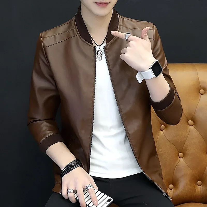 Cross border solid color stand up collar mens leather jacket Spring and Autumn casual plus size youth PU Fashion Me 250313