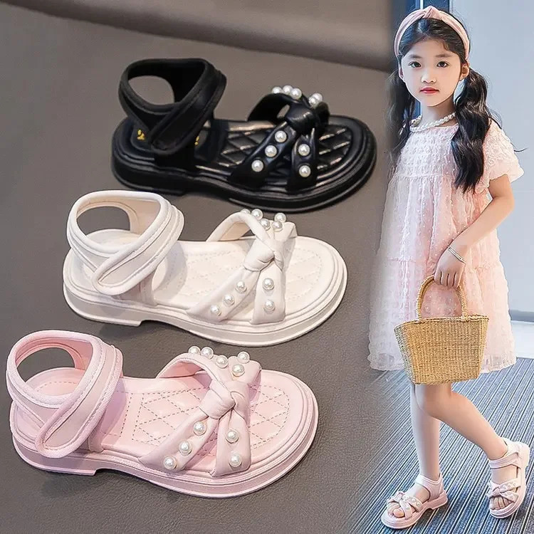 Little Girls Sandals 2025 Summer Princess Shoes with Pearl for Party Wedding Kids Anti Slip Knot Beach Shoes for Vacation 250407
