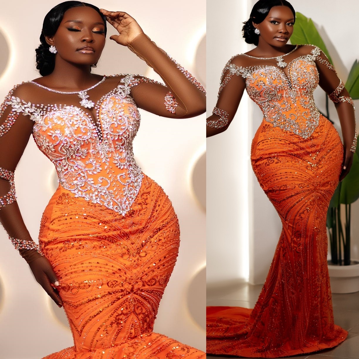 Aso Ebi Mermaid Orange Prom Dresses 2026 Crystals Detachable Train Evening Formal Party Second Birthday Engagement Gowns Plus Size Dress For Special O