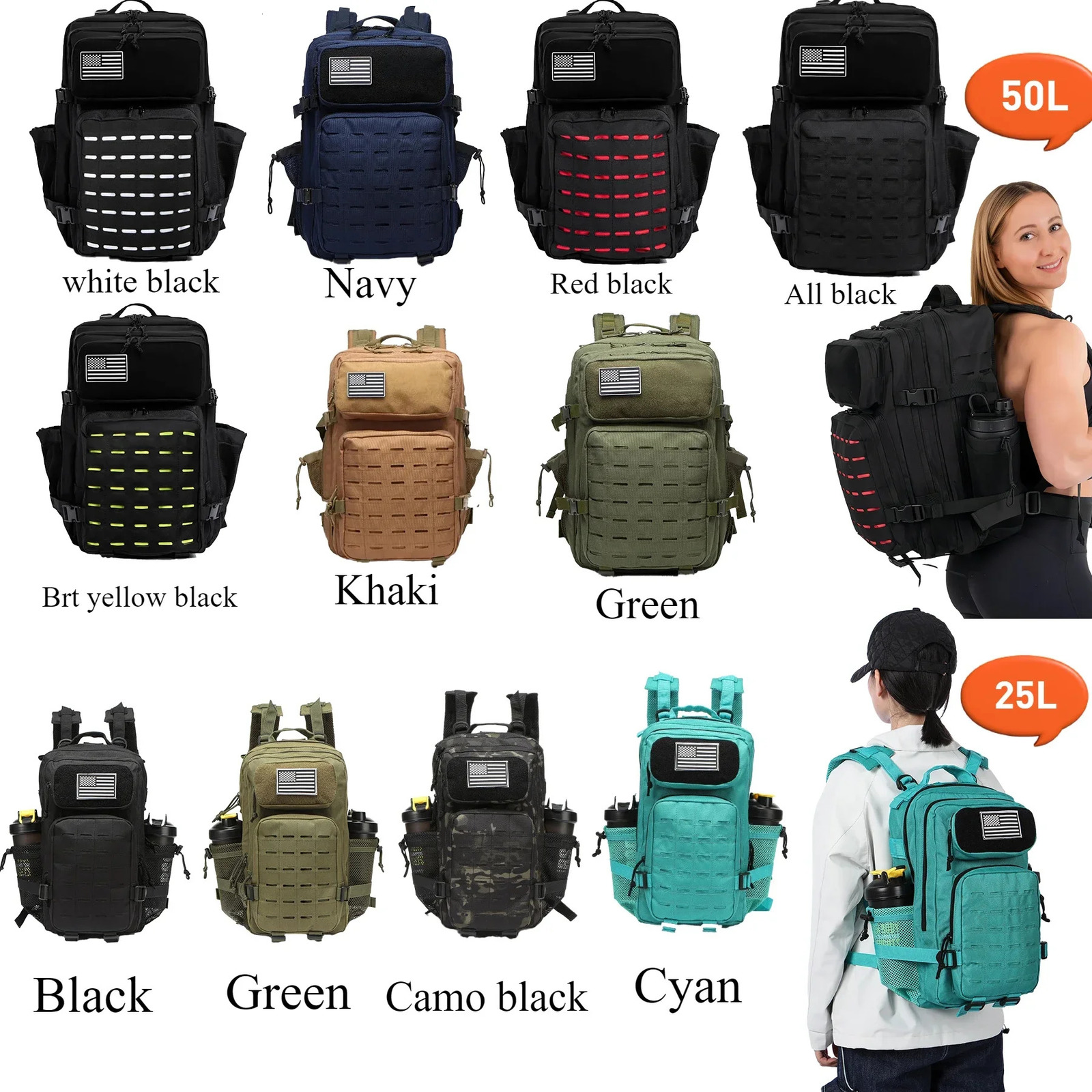 25L/50L Waterproof with 2 Bottle Holders Backpack Gym Outdoor Travel Hiking Fishing Trekking Backpacks 13inch Laptop Bag 251105 - view 3