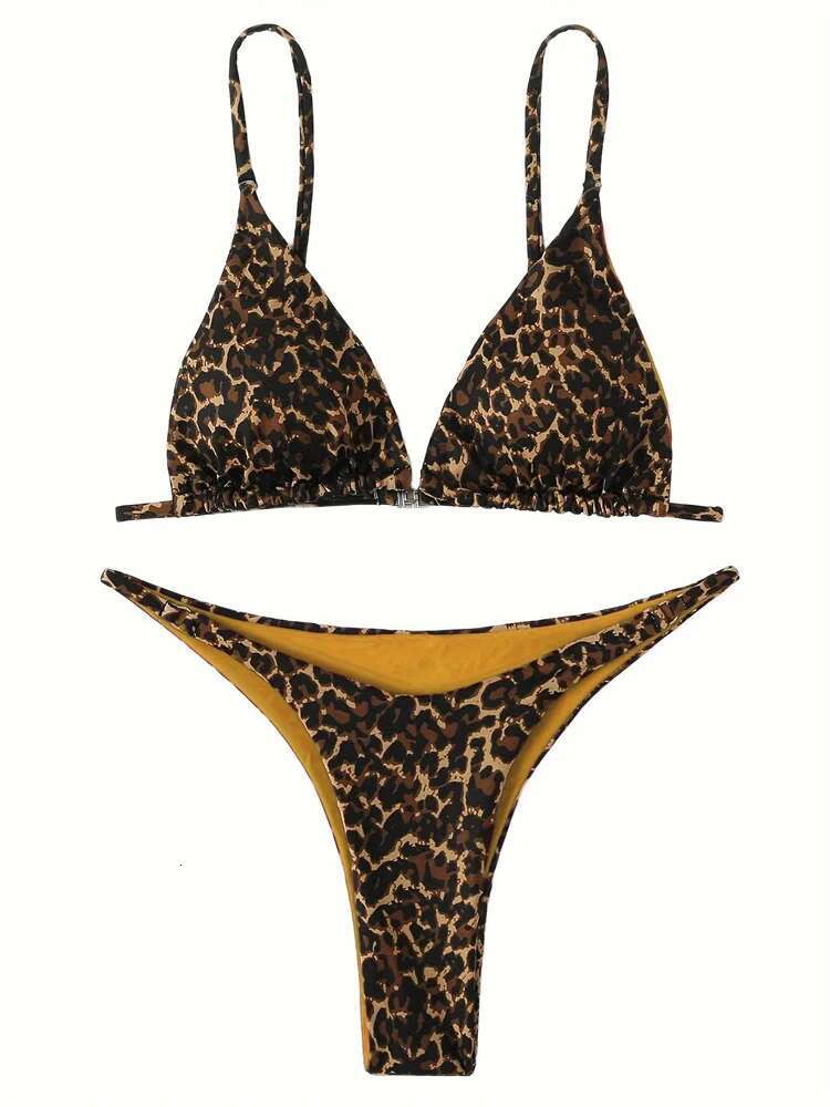 Dongdumaoyi Sexy Black Leopard Print Bikini Women Halter Push Up Bra Triangle Swimsuit Brazilian Cut Out Bathing Suit Micro Swimwear