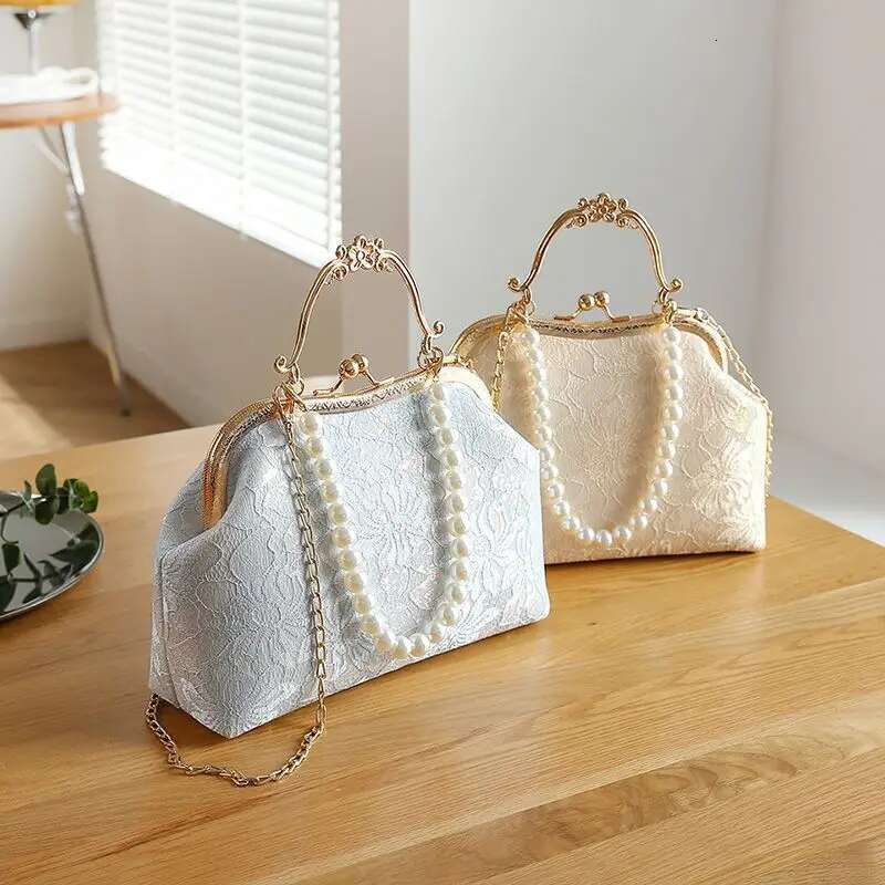 Vintage Classic Lace Beads Wedding Shell Lock Bags Women Shoulder Crossbody Bag Chain Women's Handbags Purses