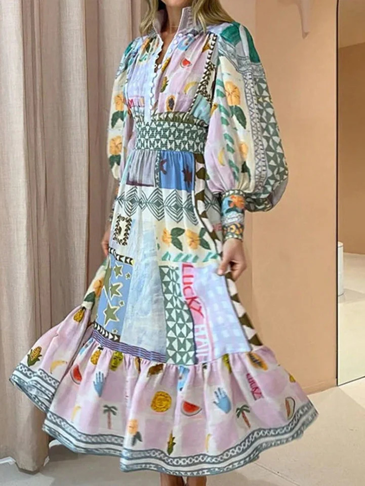 Spring and summer Bohemian style loose plaid sleeping casual waist pleated flame dress suitable for women elegant multi el 250407