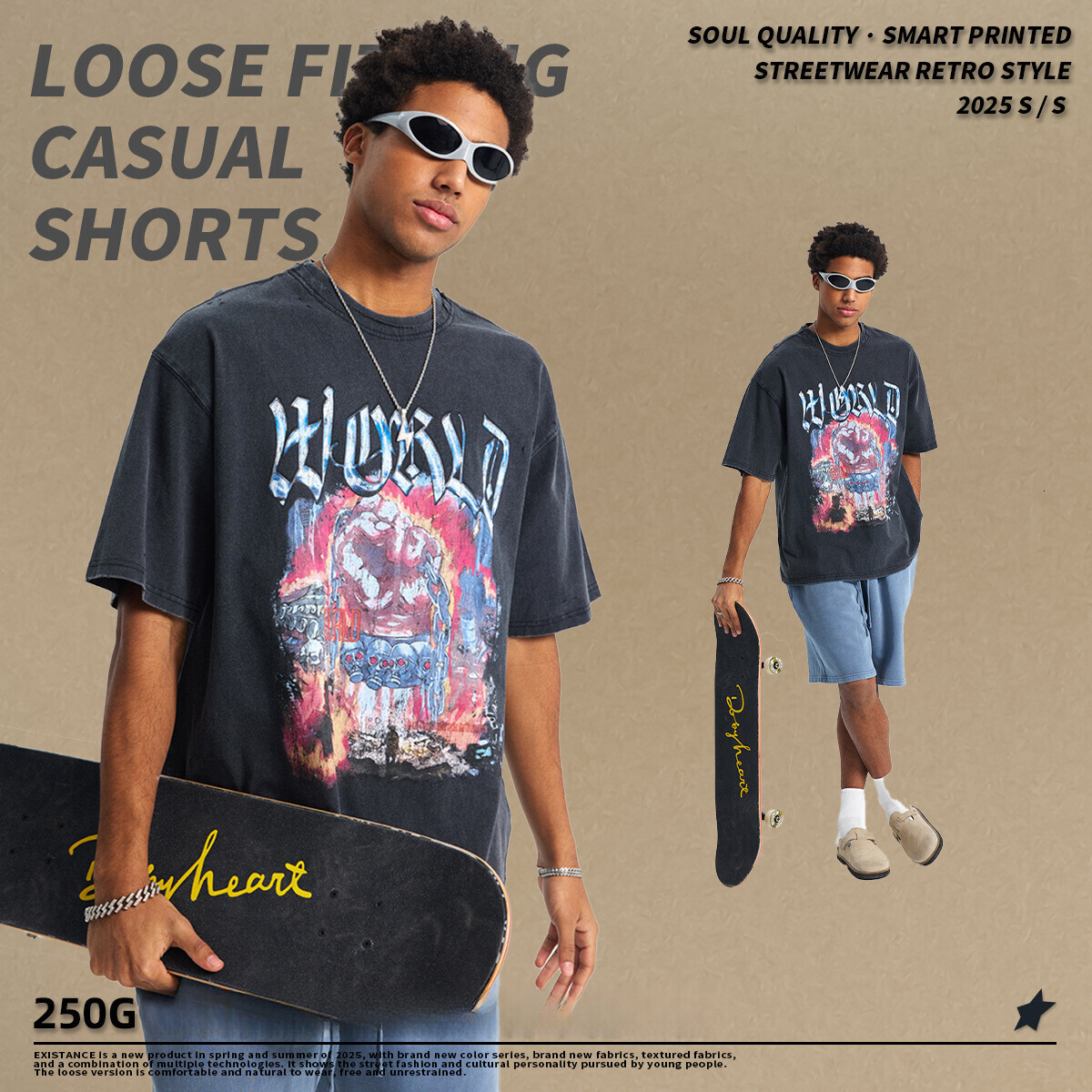 Chain fashion men's clothing | Black distressed printed T-shirt with loose edges, cut holes, washed cotton short sleeved shirt