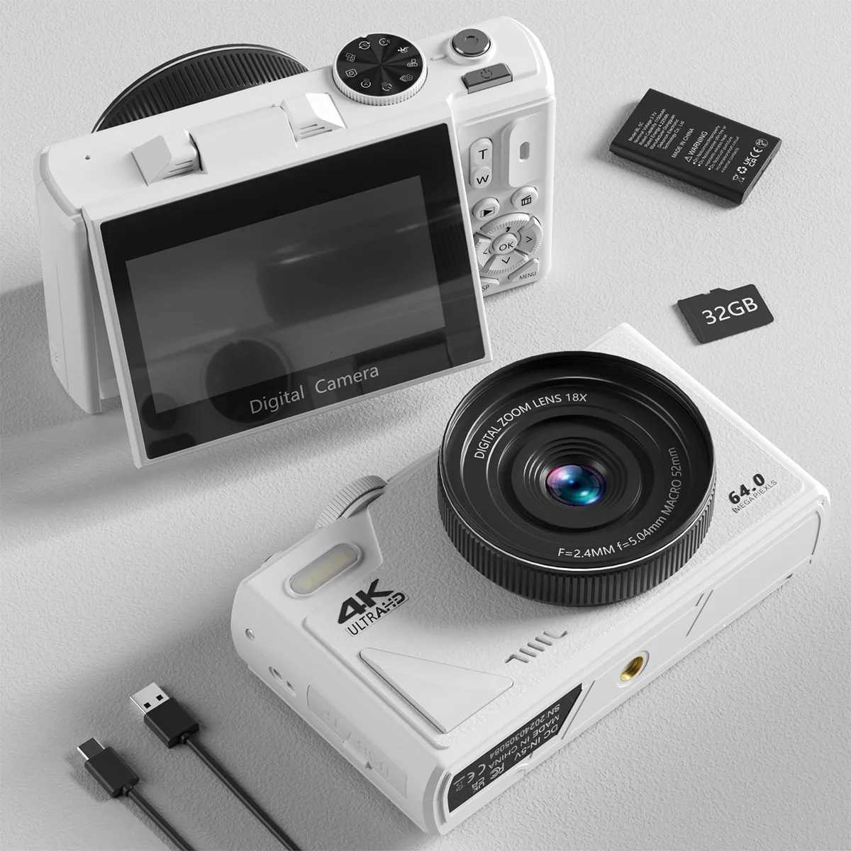 Compact 4K Digital Camera 64MP 18X Zoom for Photography Vlogging YouTube 3 Flip Screen FlashW251107