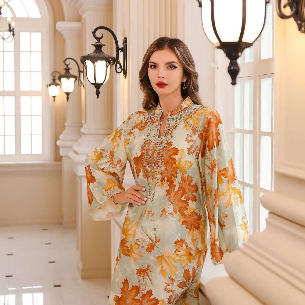 In Stock Middle East Cross-Border Muslim Abaya Summer Long Printed Maxi Dress Dubai Robe Export