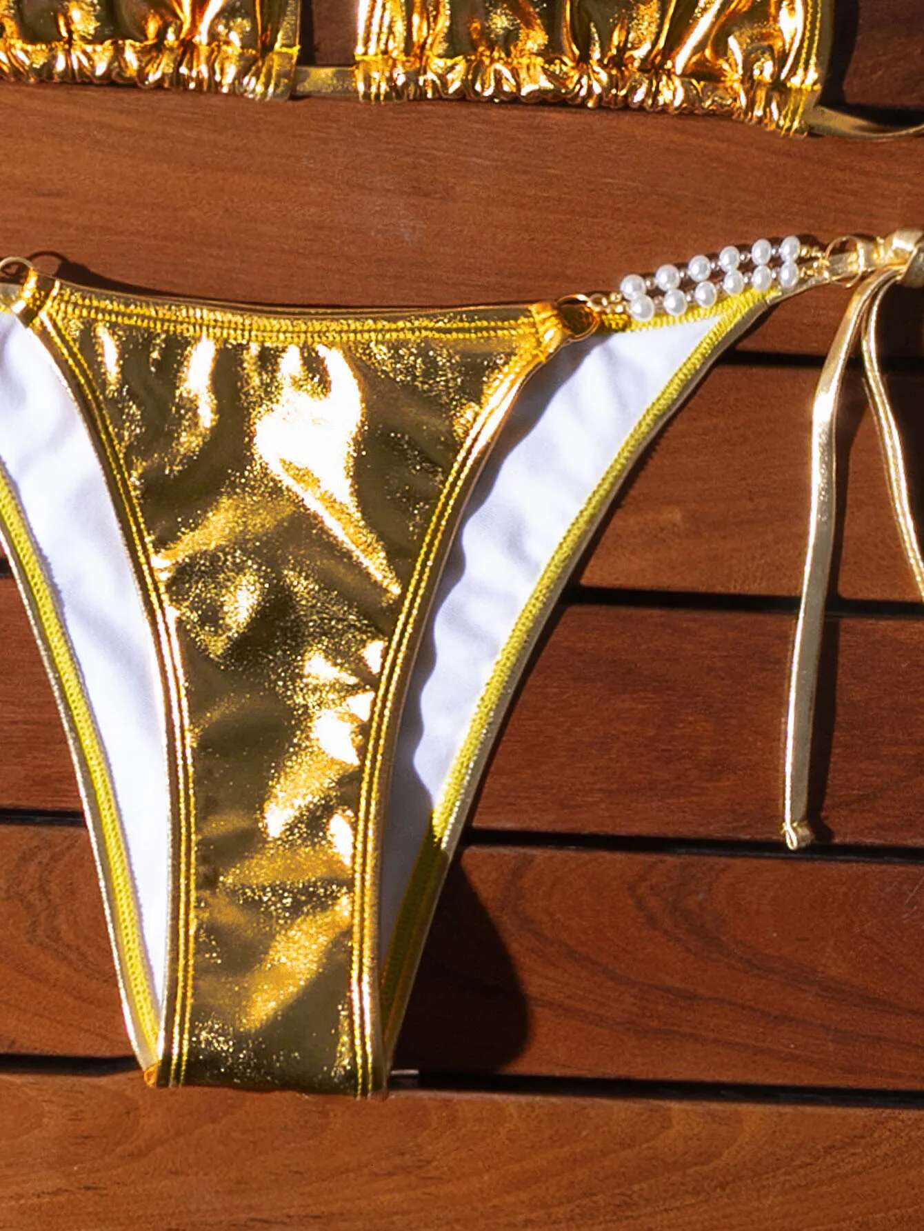 Dongdumaoyi Shiny Gold Bikini Set Women Sexy Pearls Strap PU Leather Push Up Micro Swimsuit Luxury Bathing Suit Tie Side Thong Swimwear