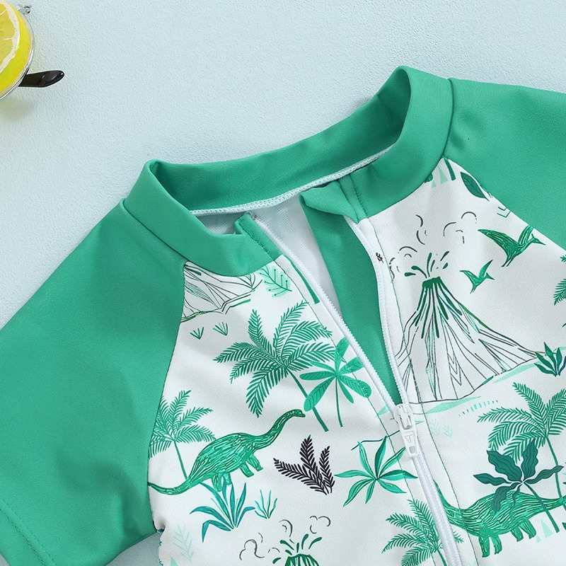 Kids Swimsuit For Baby Girls Boys Rash Guard Beachwear Swimwear Dinosaur Print Short Sleeve Tops Swim Trunks Cap Bathing Suit 250407