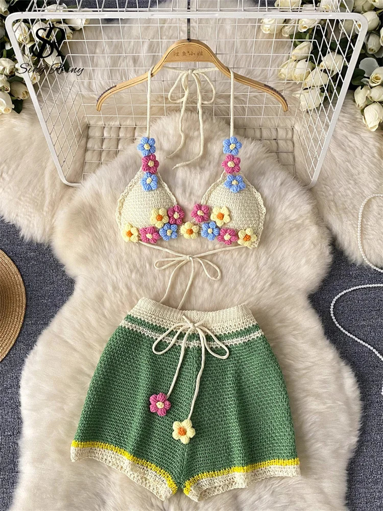 SINGREENY Bohemian Sexy Knitted Set Womens Lace Top Mini CamisShorts Fashion Strap Resort Style Beach 250313