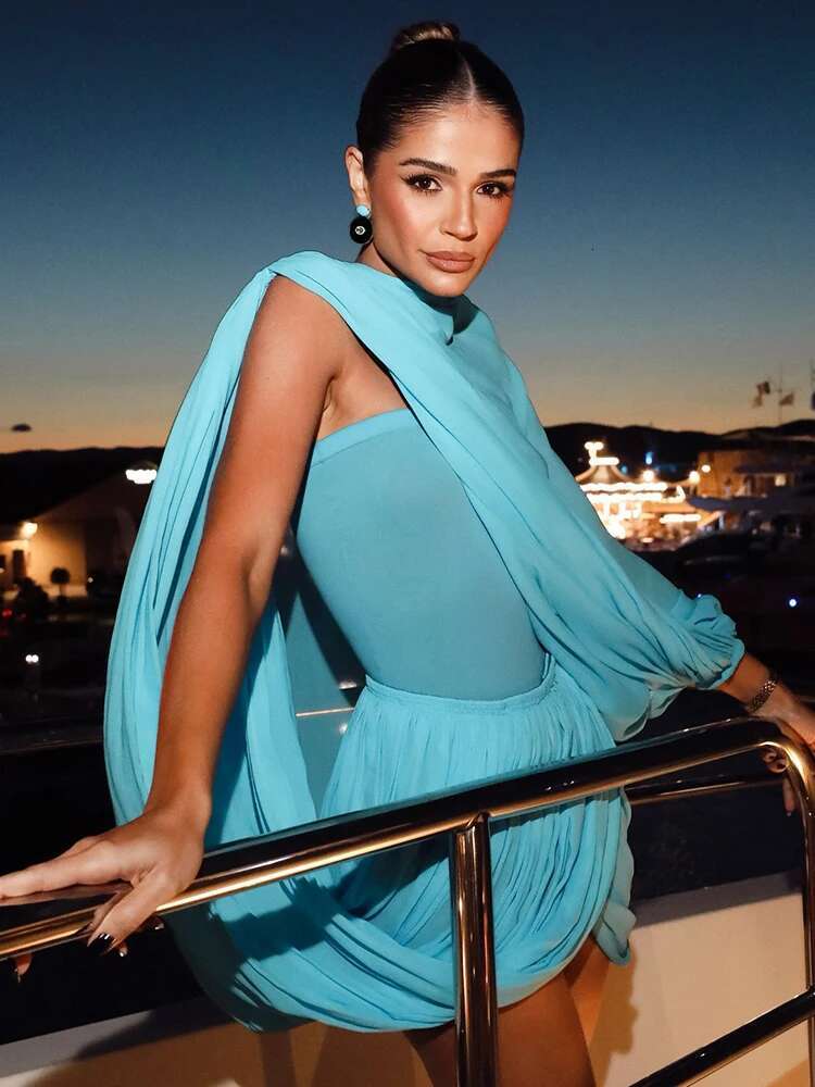 Kliou Mesh Irregular Women Mini Dress Solid Thin Single Sleeve O-Neck Cross Pleated Bodycon Mujer Unique High Street Party Frock