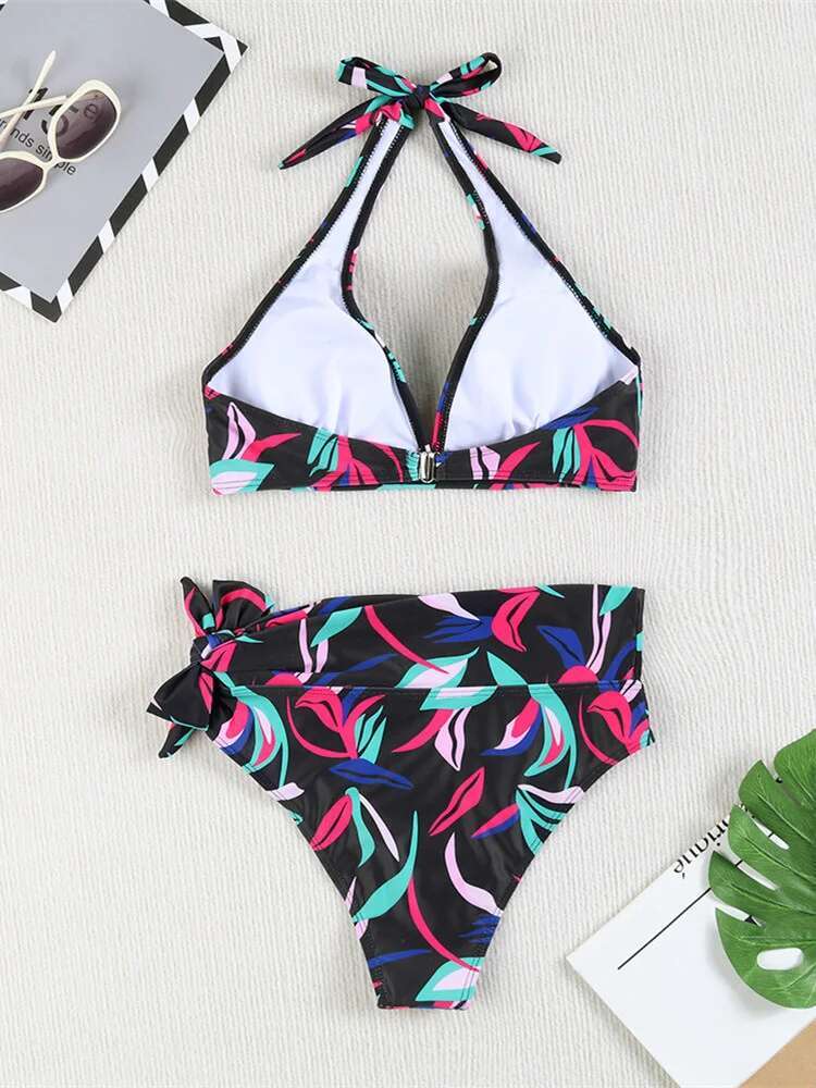 Dongdumaoyi Vintage High Waist Bikini Set Women Black Leave Print Push Up Belt Two Piece Swimsuit Summer Bathing Swimming Suit Swimwear