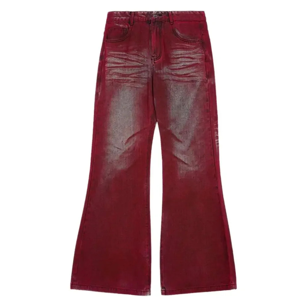 Retro American ankle red mini flame jeans suitable for both men and women early autumn low waist weight loss loose fitting edging 250313