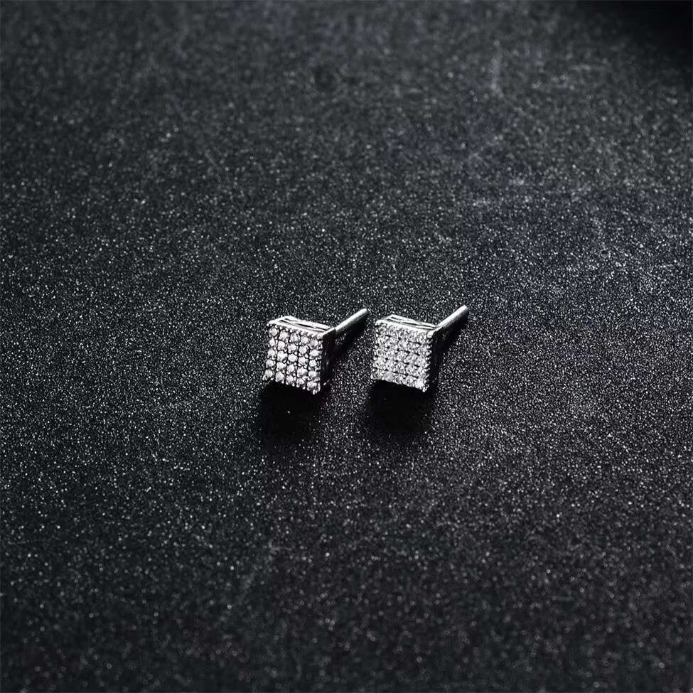 Wholesale High Quality Hip Hop Jewelry Rhodium 18k Gold Plated 925 Sterling Silver Square Stud Earring for Men
