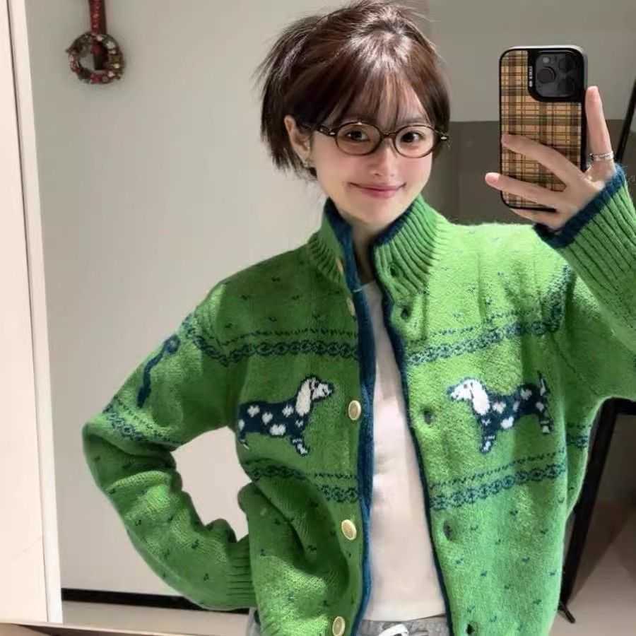 Christmas Green Sweater for Women 2025 Spring and Autumn Fair Isle Atmosphere Outfit Knitted Cardigan Coat W251107