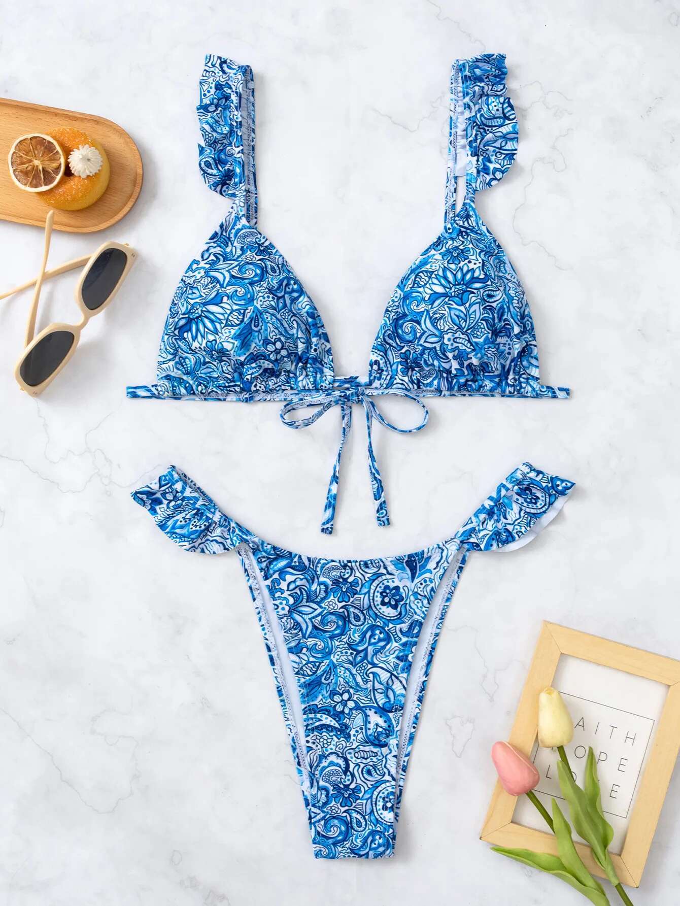Dongdumaoyi Sexy Ruffles Bikini Women Halter Front Tie Blue Floral Print Push Up Thong Swimsuit Brazilian Bathing Suit Micro Swimwear