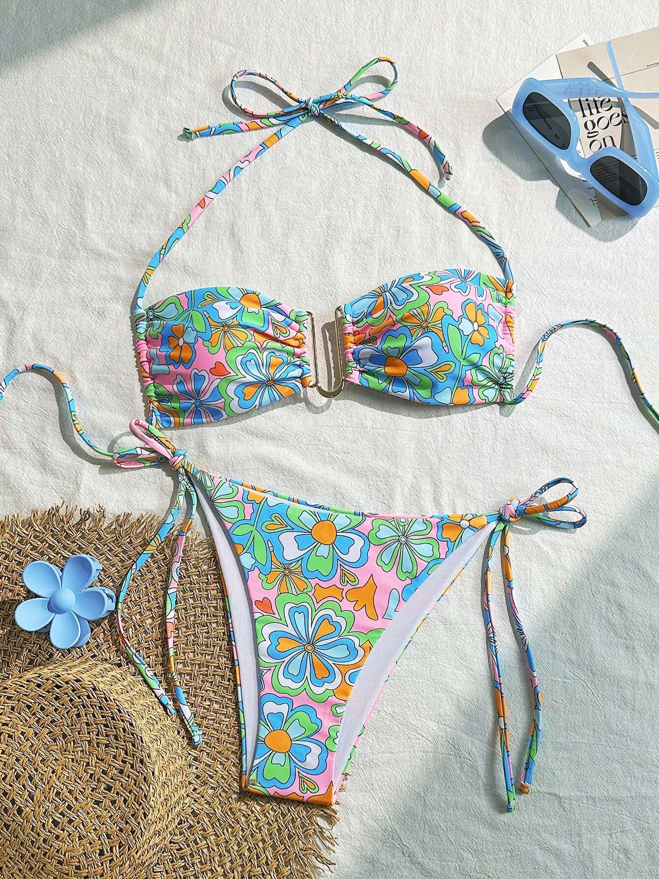 Dongdumaoyi Metal U Neck Bikini Set Women Sexy Green Floral Print Push Up Micro Swimsuit Brazilian Beach Bathing Suit Thong Swimwear